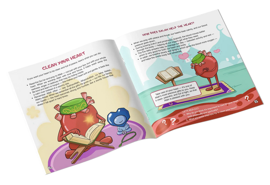Colourful inside pages of a faceless Islamic science book about the human heart