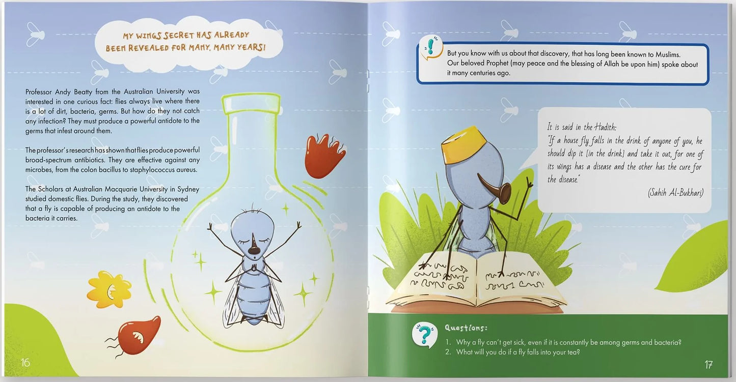 Illustrated Islamic science book page explaining fascinating facts about fly wings