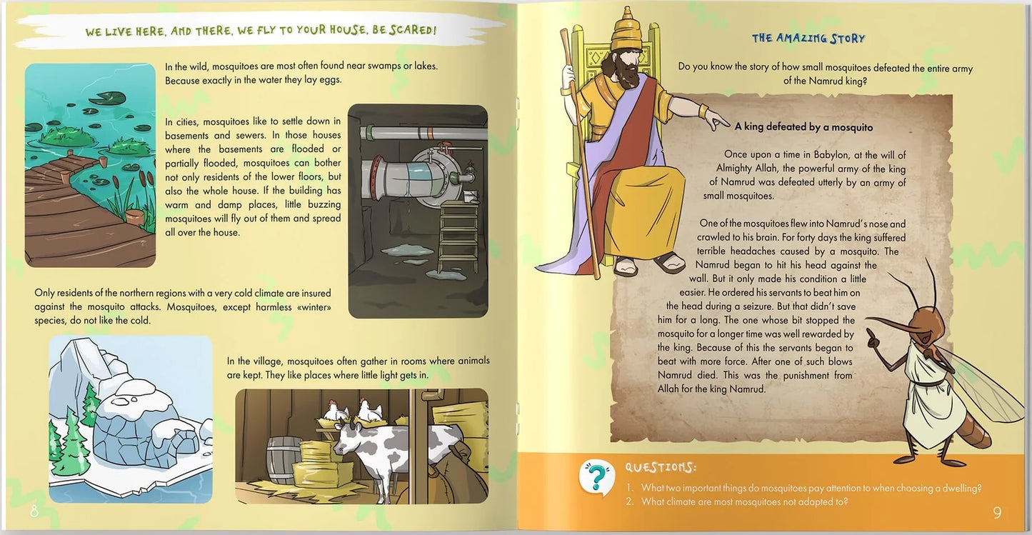Islamic educational book teaching children about mosquitoes and Allah’s creation