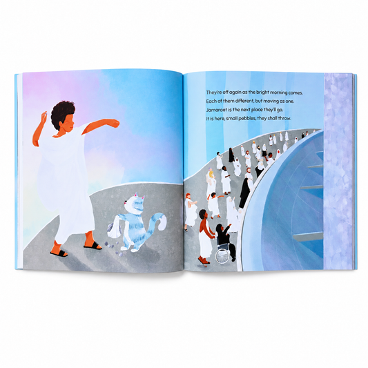 Inside pages of A Cat Like Me showing pilgrims at Jamarat during Hajj
