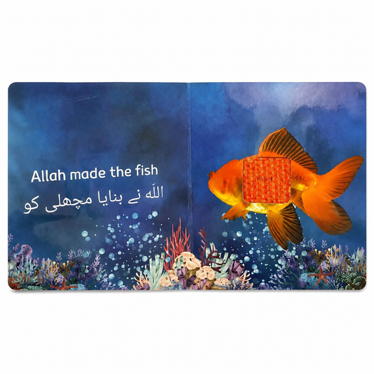 Inside page of Allah Made the Animals touch and feel book showing a colourful fish with bilingual Urdu and English text