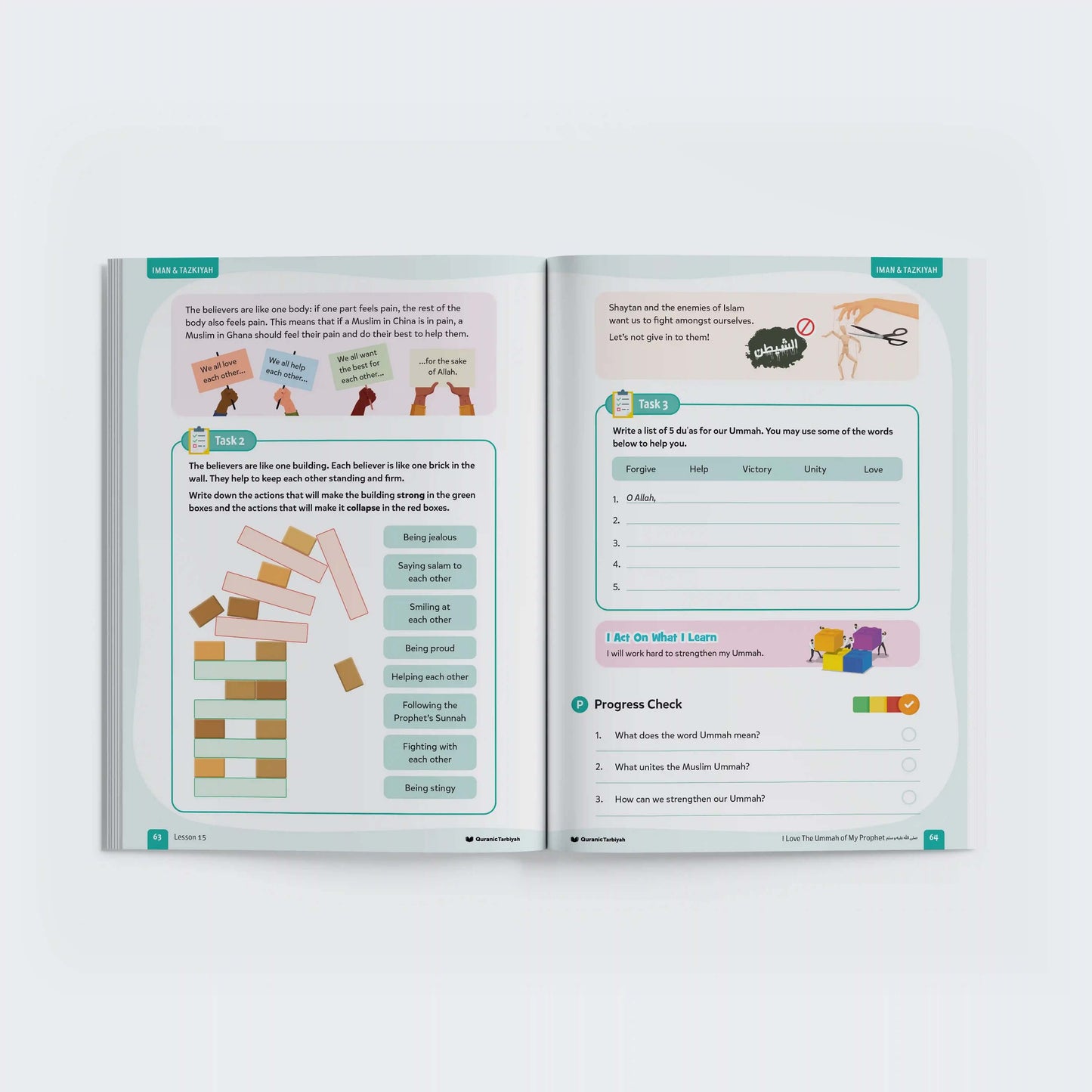 Open book with educational content on a white background