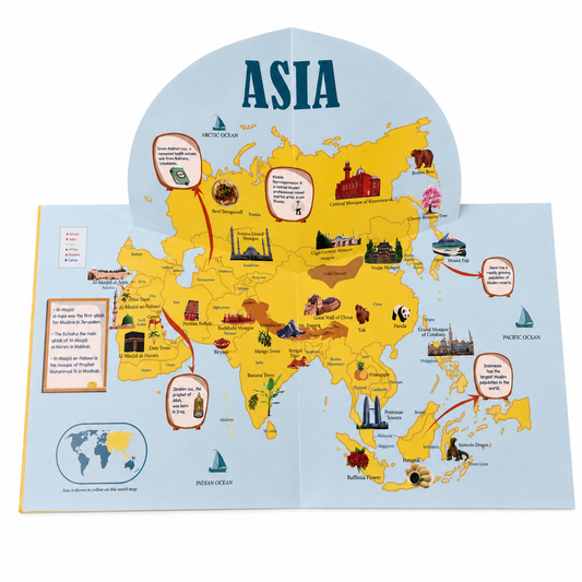 Asia pop-up map inside Our Ummah Across Continents Islamic book for kids