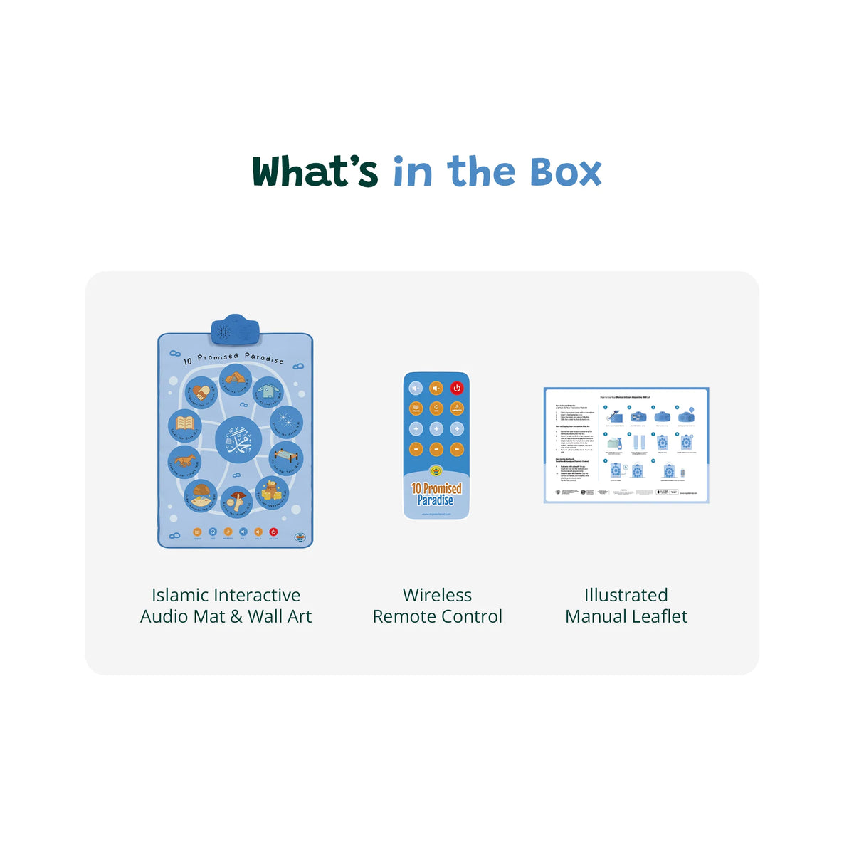 Product packaging with illustrations of an Islamic interactive audio mat 10 Promised Paradise, wall art, wireless remote control, and illustrated manual leaflet on a white background.