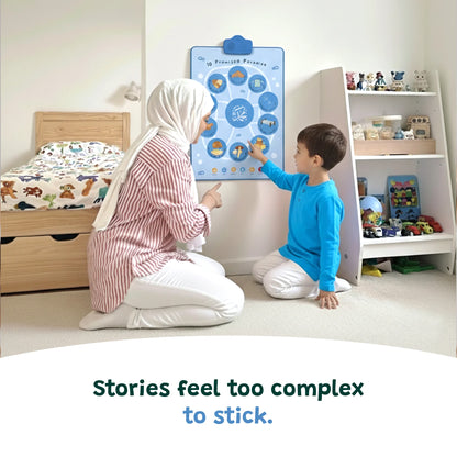 Woman and child interacting with a educational chart in a bedroom. Interactive Islamic audio mat teaching children about the 10 Companions promised Jannah