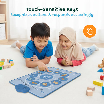 Two children playing with a touch-sensitive educational mat 10 Companions promised Jannah on the floor.