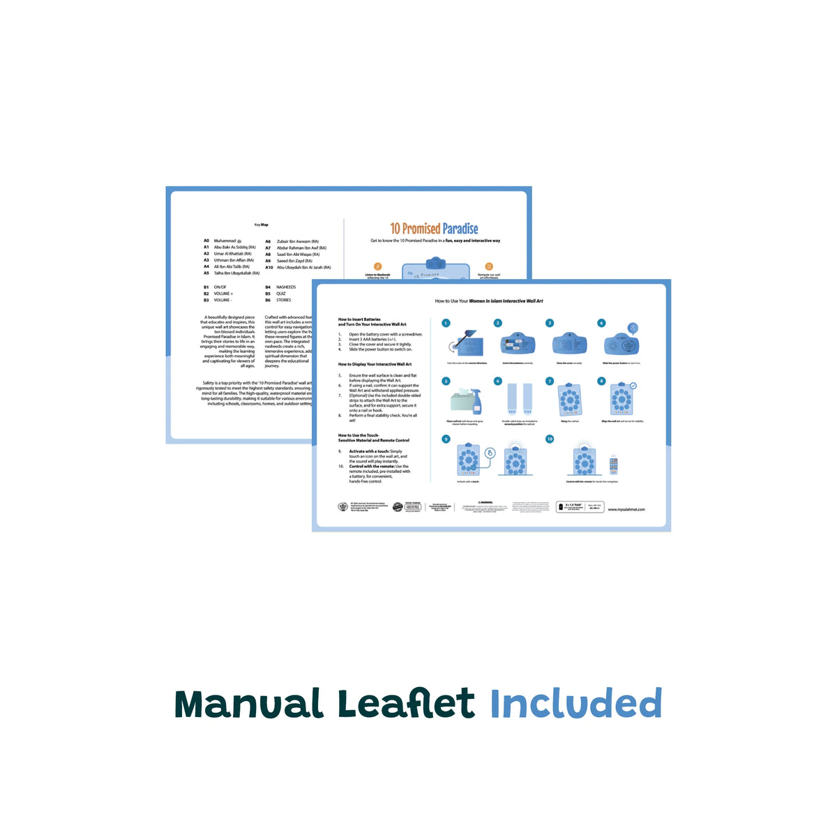 Two pages of a manual leaflet with text and icons on a white background, labeled 'Manual Leaflet Included'.