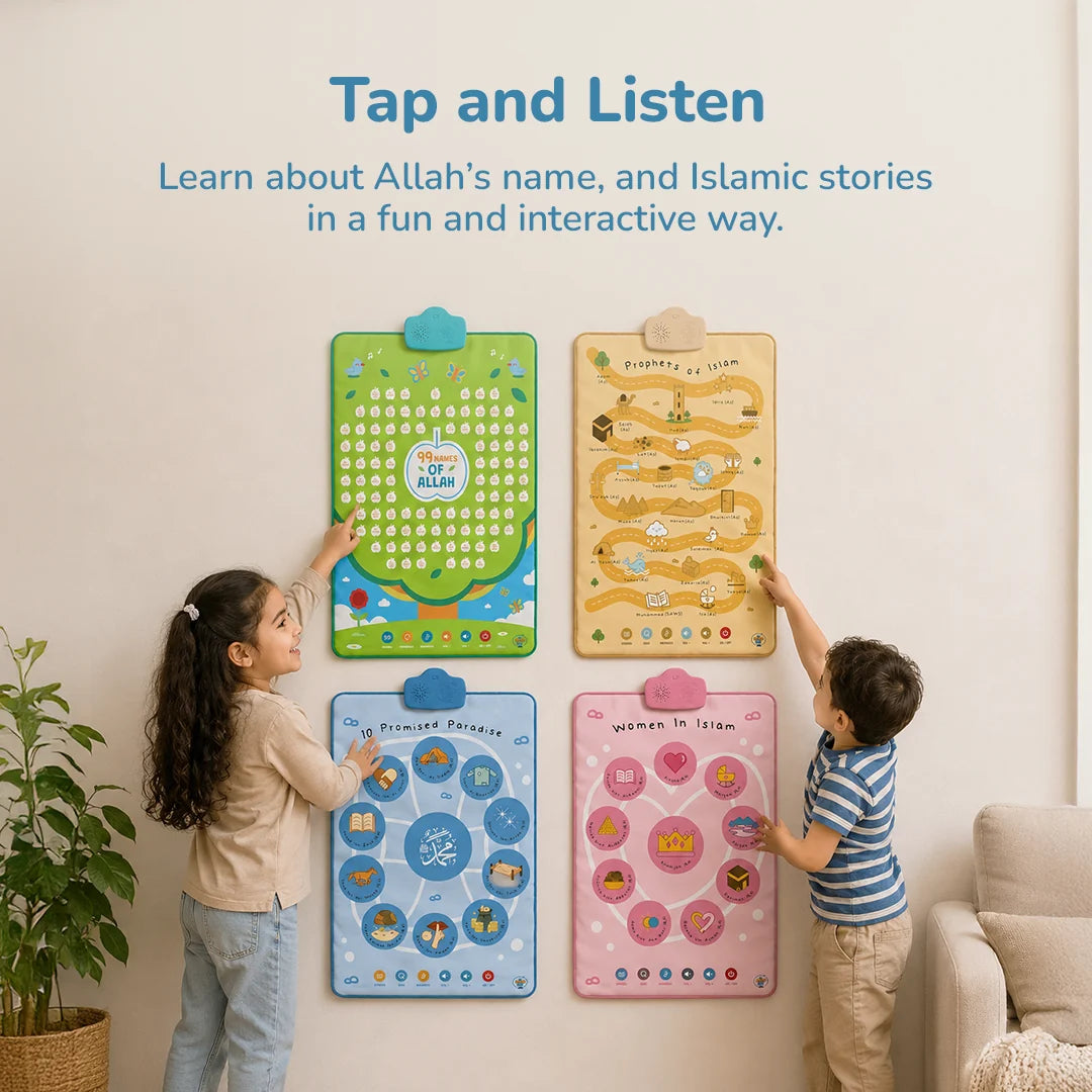 Two children interacting with a colorful Islamic learning wall set featuring four educational boards mounted on a cream wall. The text at the top reads 'Tap and Listen: Learn about Allah's name, and Islamic stories in a fun and interactive way.