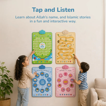 Two children interacting with a colorful Islamic learning wall set featuring four educational boards mounted on a cream wall. The text at the top reads 'Tap and Listen: Learn about Allah's name, and Islamic stories in a fun and interactive way.