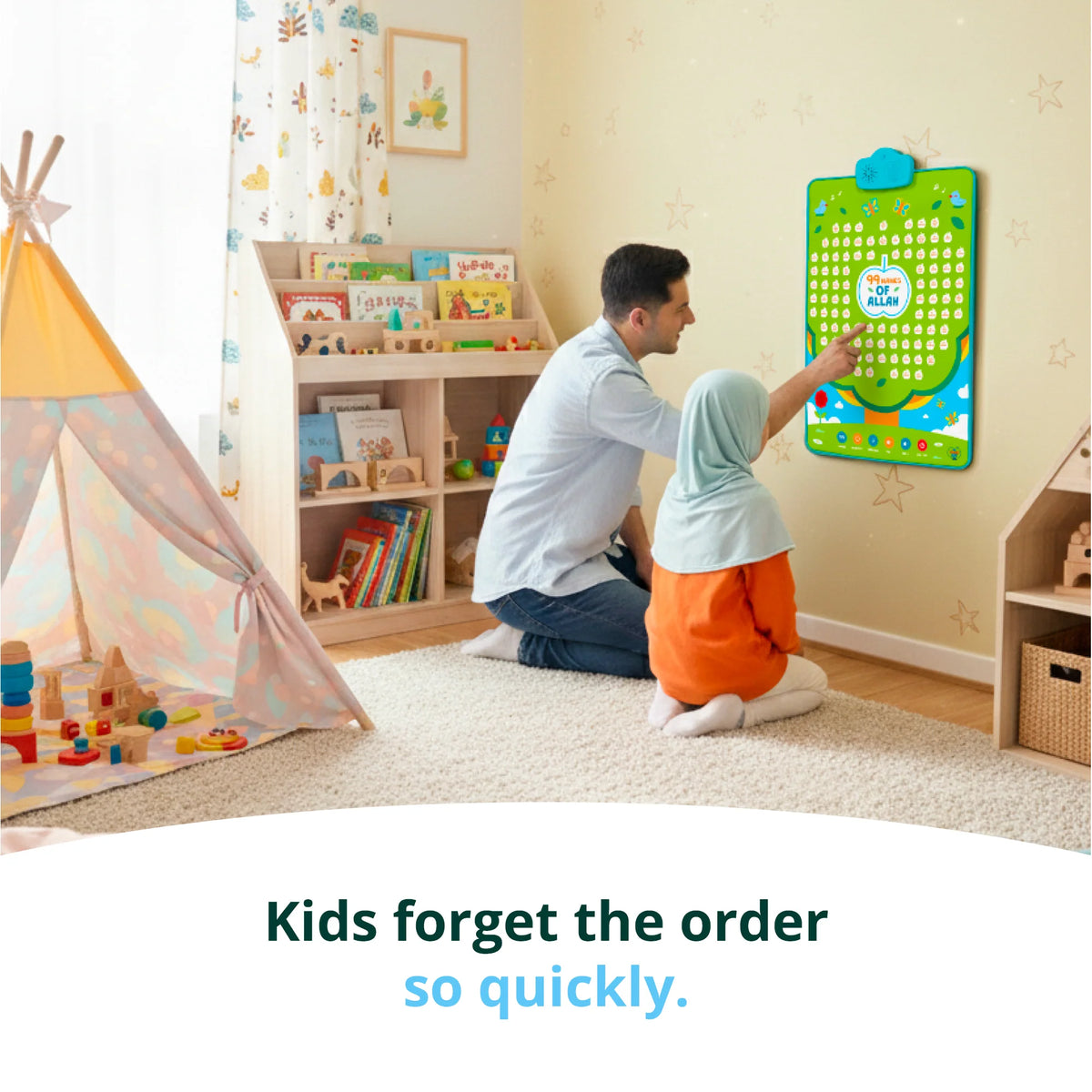 Touch-sensitive 99 Names of Allah Islamic talking poster. Man and child in a playroom with educational board and toys.