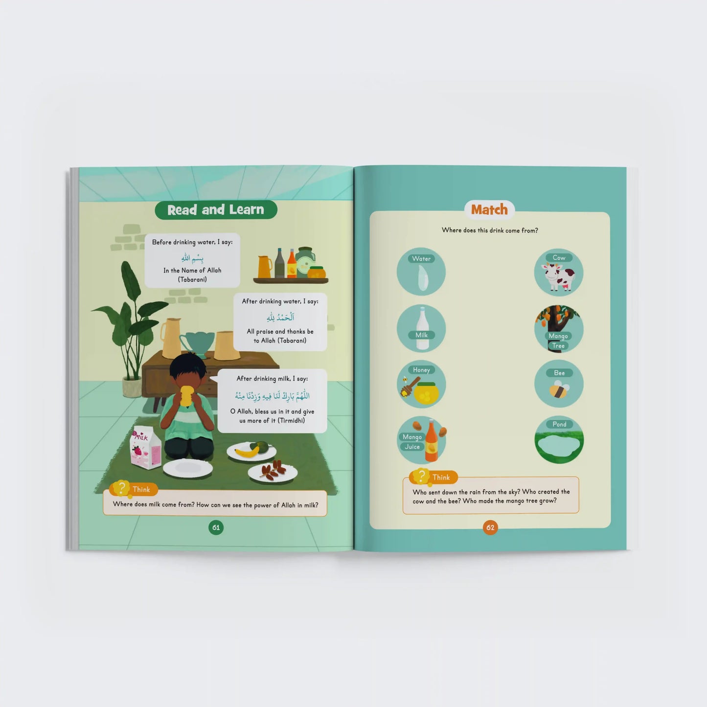 Open book with educational content on a white background
