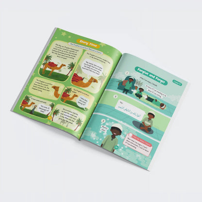 Open book with illustrations and text on a white background