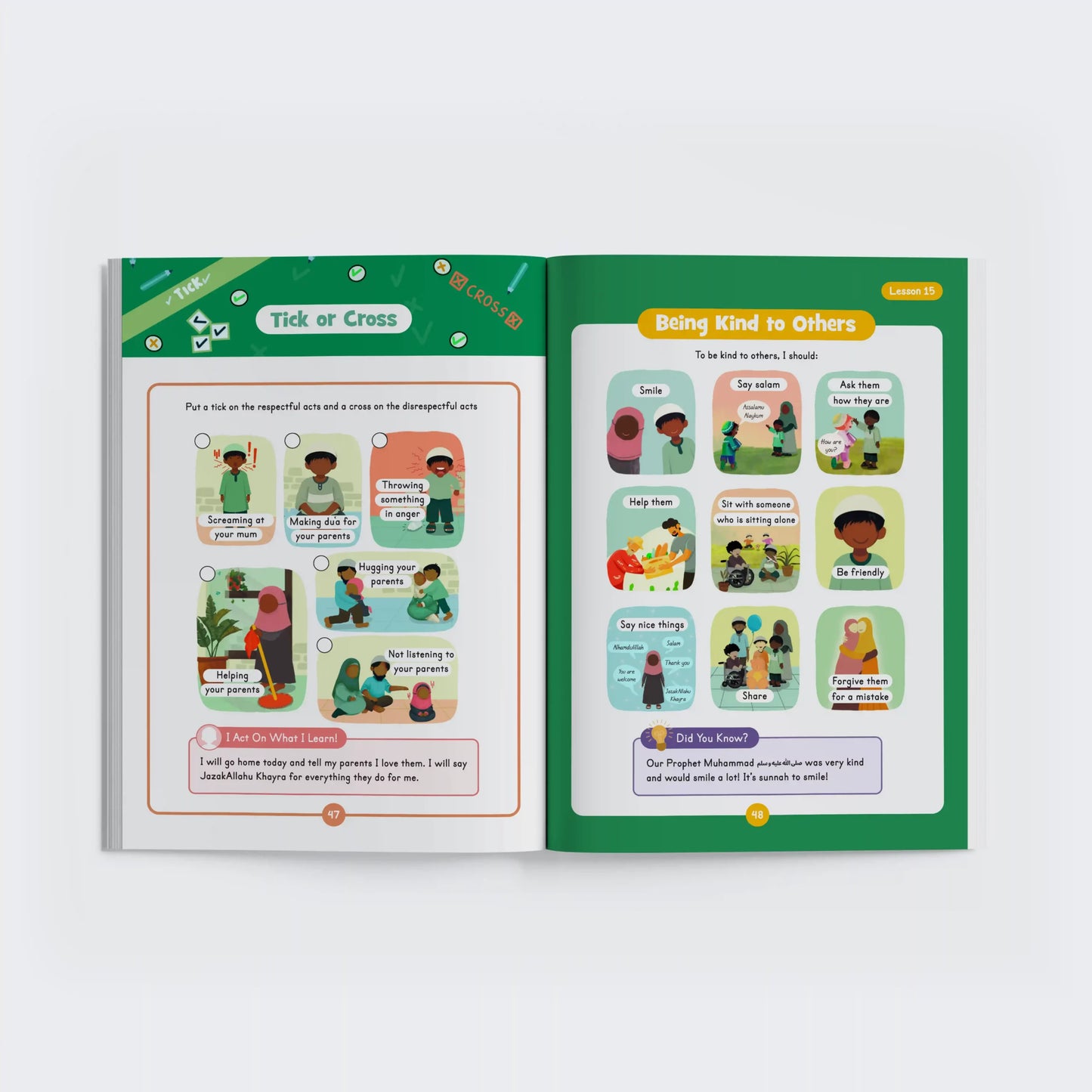 Open book with educational content on kindness and respect for children