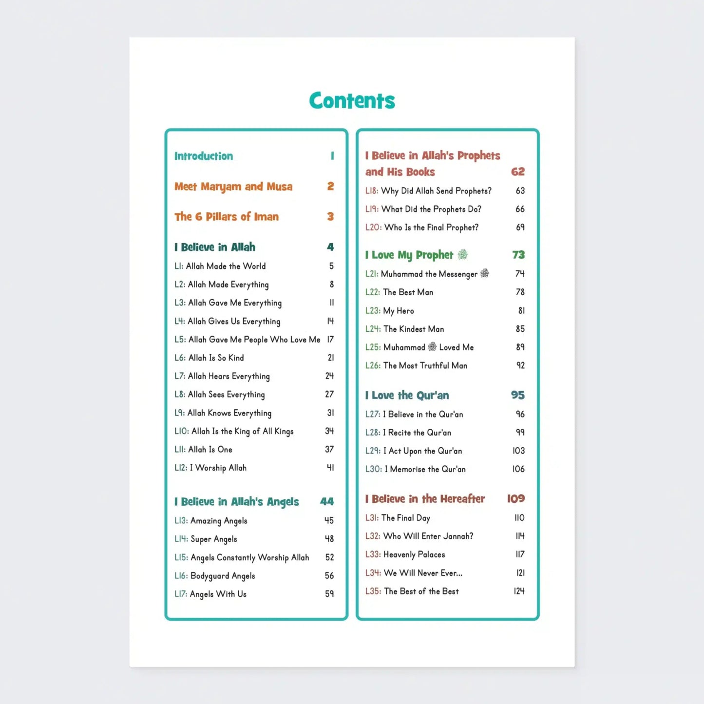 Table of contents for a religious text on a white background