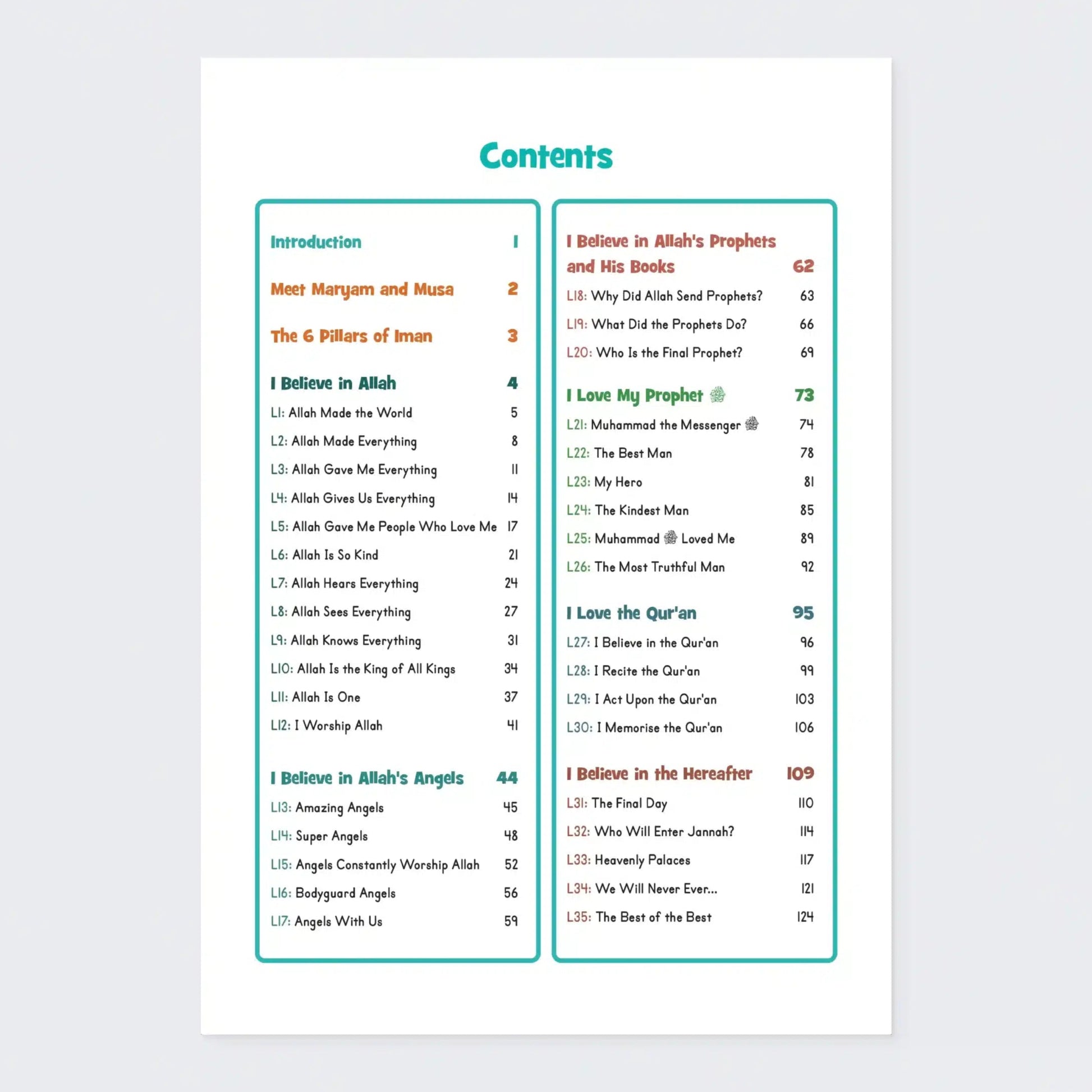 Table of contents for a religious text on a white background