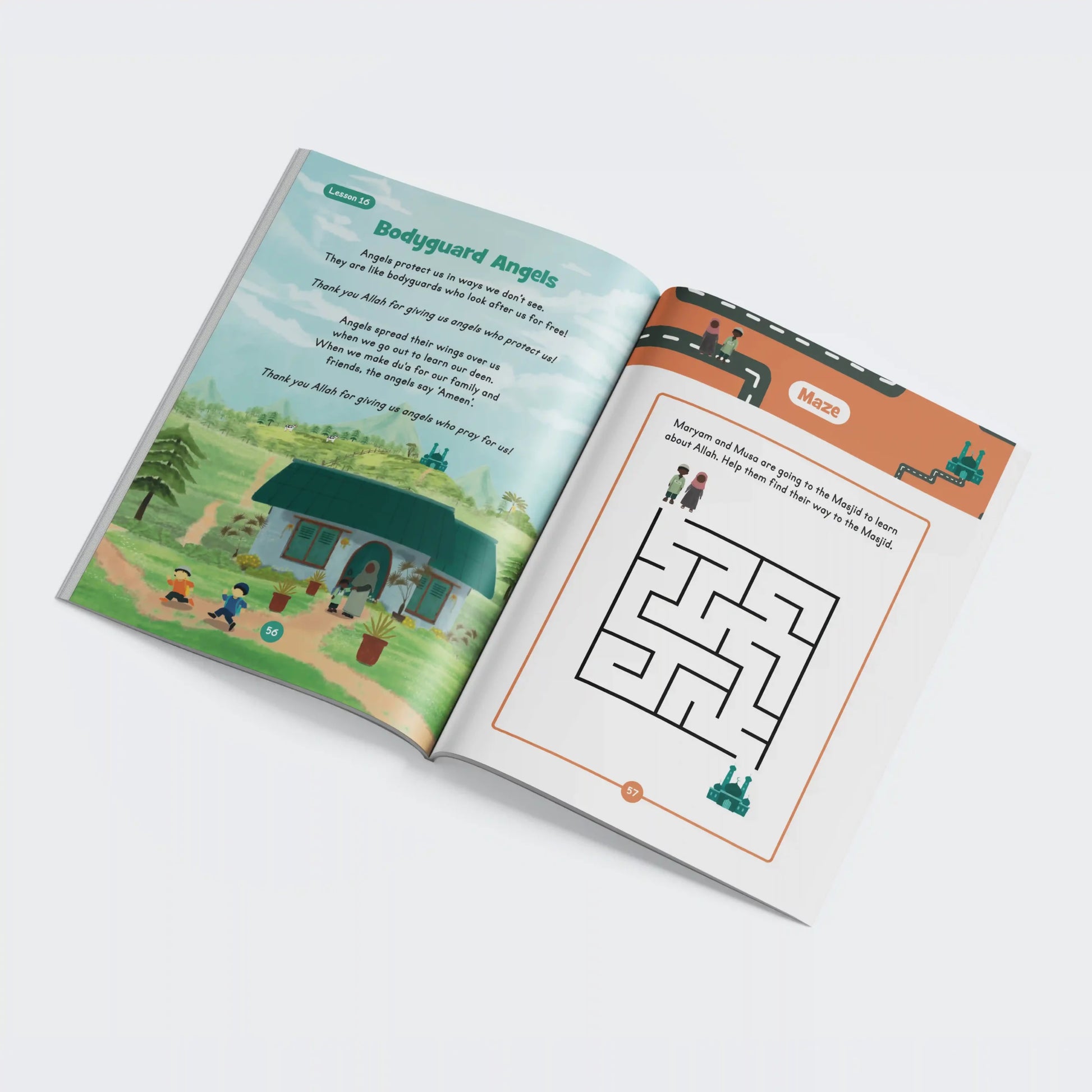 Open book with illustrations and a maze on a white background