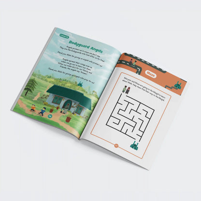 Open book with illustrations and a maze on a white background