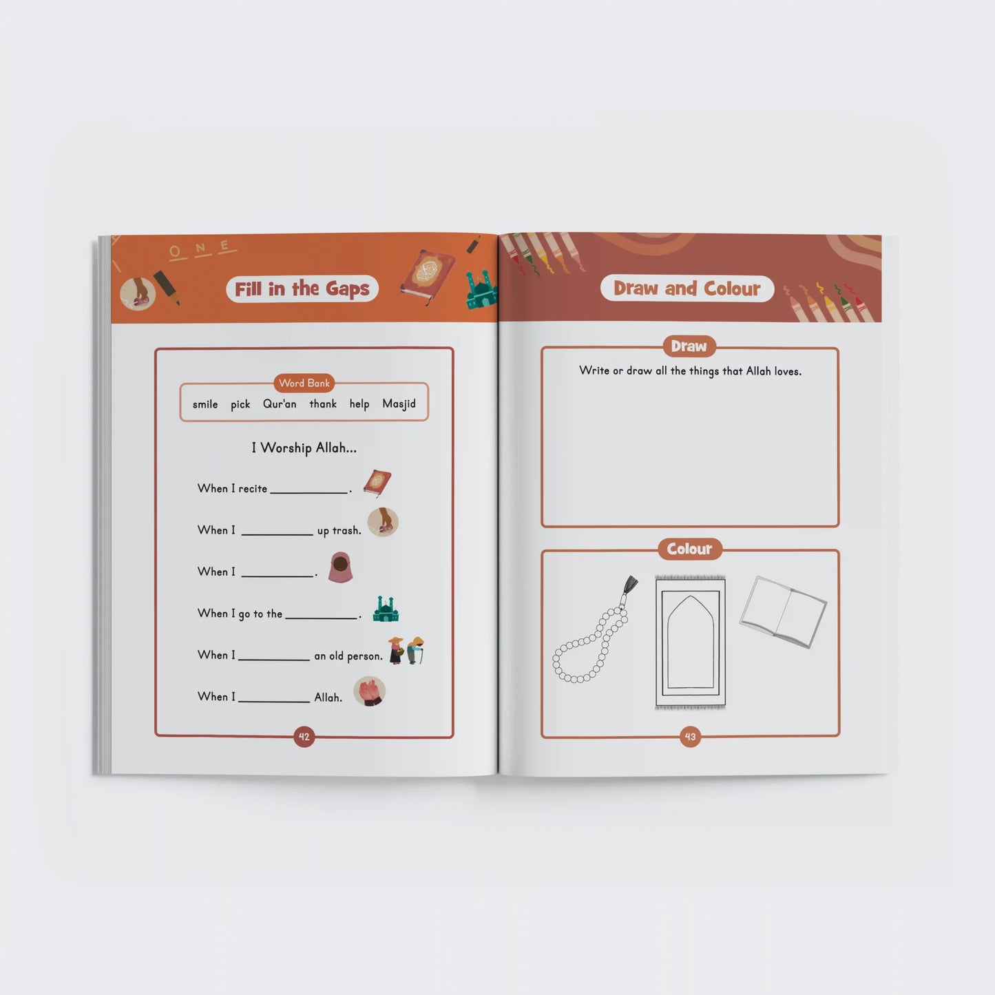 Open book with educational activities on a white background