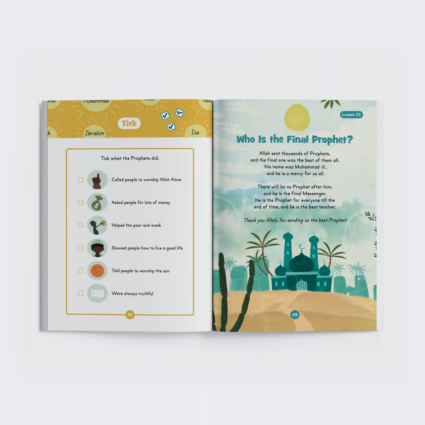 Open book with educational content on a white background