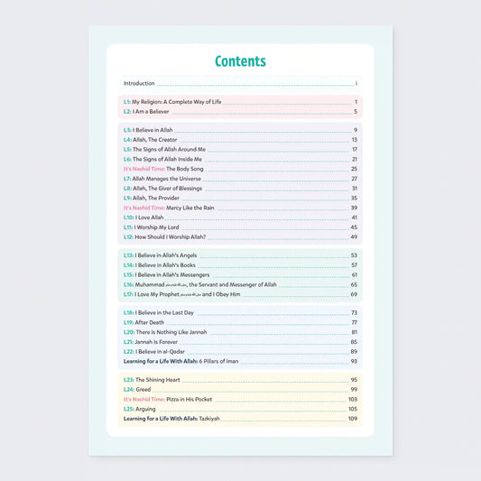 Table of contents page with colorful text on a light gray background