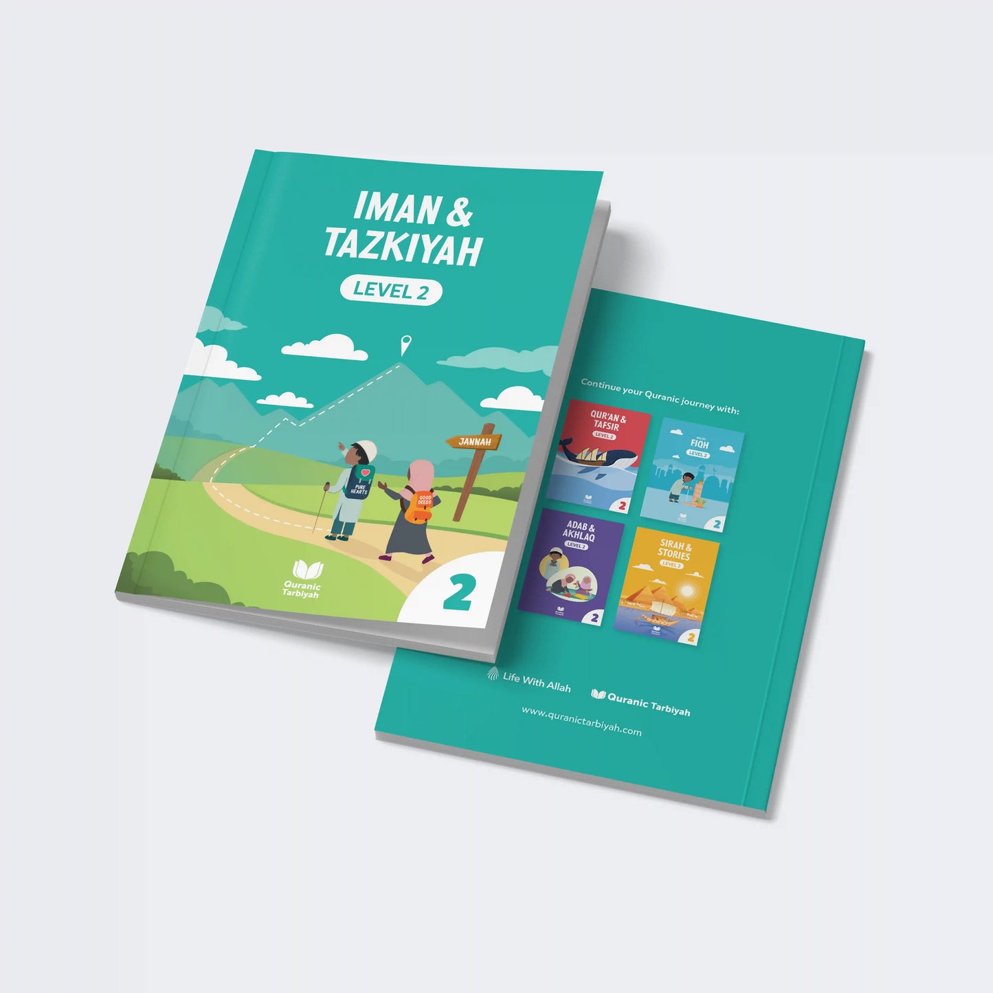Two educational books titled 'Iman & Tazkiyah Level 2' on a light gray background