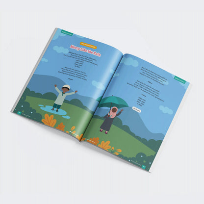 Open book with illustrations of children playing in the rain and a poem titled 'Mary Had a Little Lamb'.