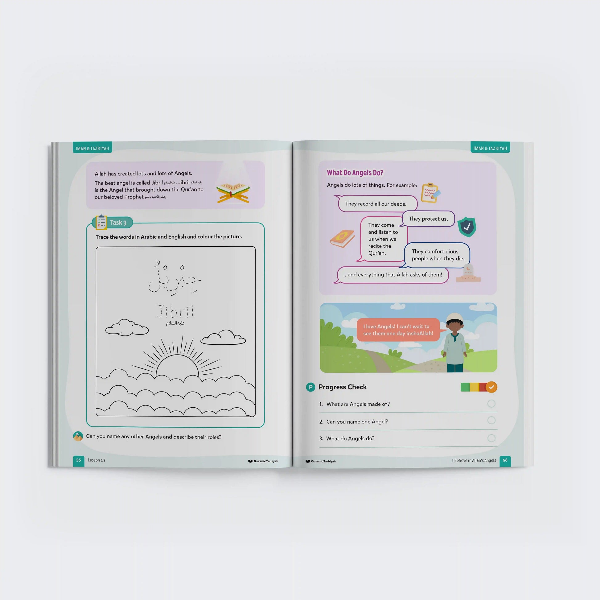 Open book with educational content on a white background