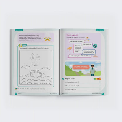 Open book with educational content on a white background