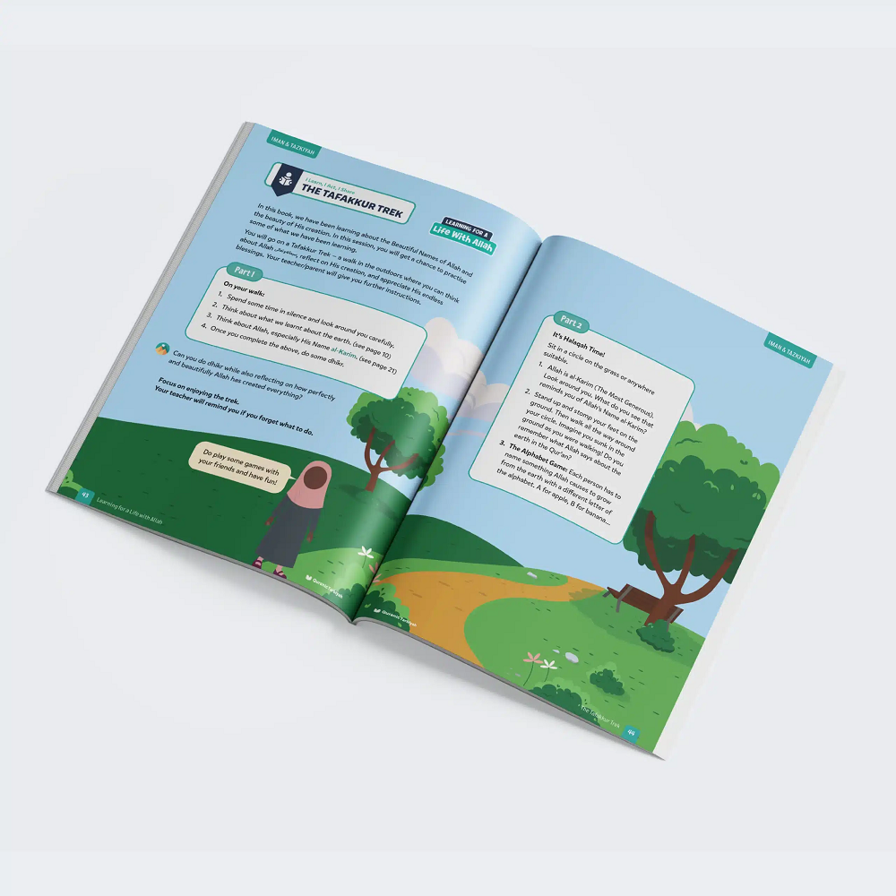 Inside pages of Iman & Tazkiyah Level 4 featuring engaging learning activities