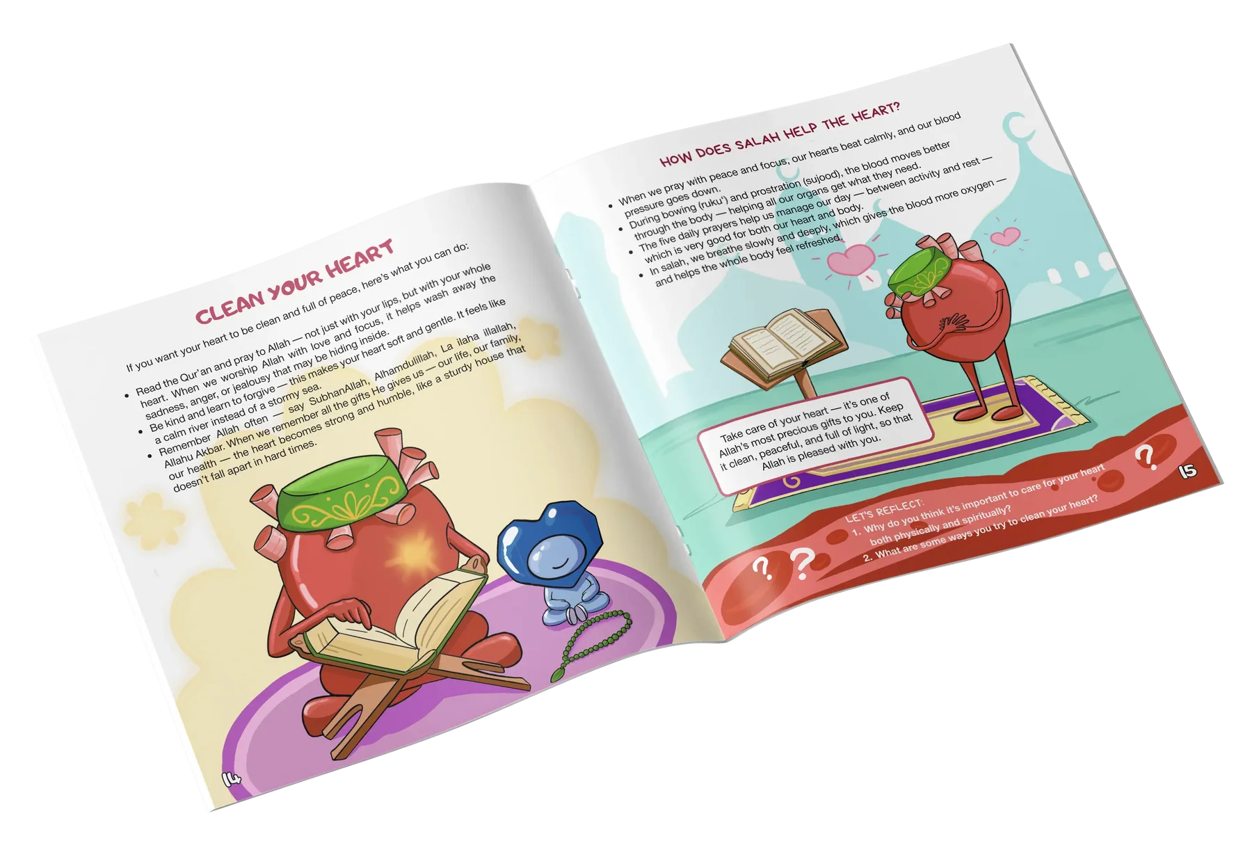 Colourful inside pages of a faceless Islamic science book about the human heart