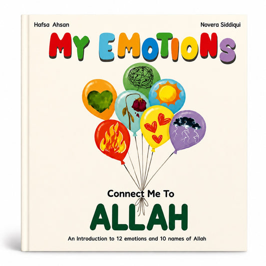 My Emotions Connect Me To Allah Islamic children’s book cover with colourful emotion balloons and an introduction to 12 emotions and 10 names of Allah