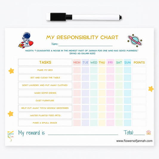 Reusable Islamic Responsibility Chart for Kids with Dry-Erase Marker and Weekly Reward Tracker