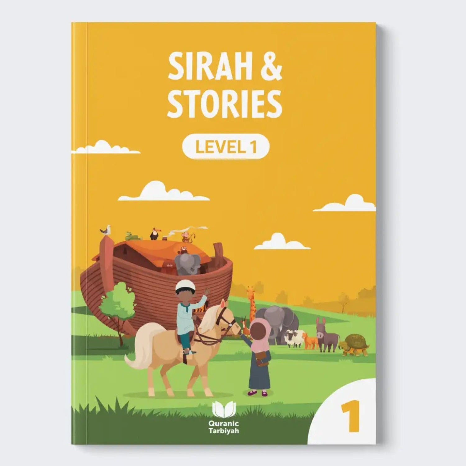 Book cover of 'Sirah & Stories Level 1' with illustrations of a child on a horse and animals in a field.