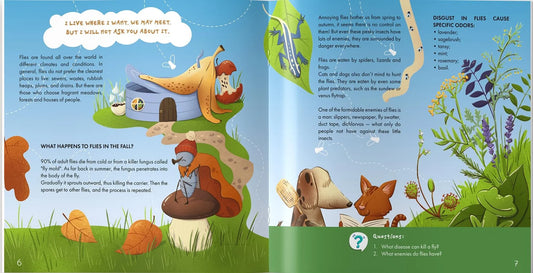 Inside pages teaching children about flies habitats predators and natural repellents
