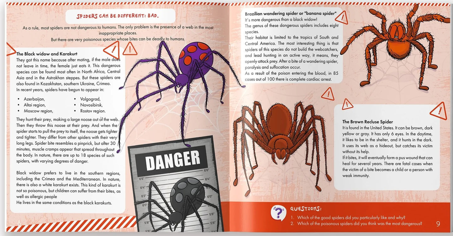 Children’s science book explaining black widow wandering spider and brown recluse species