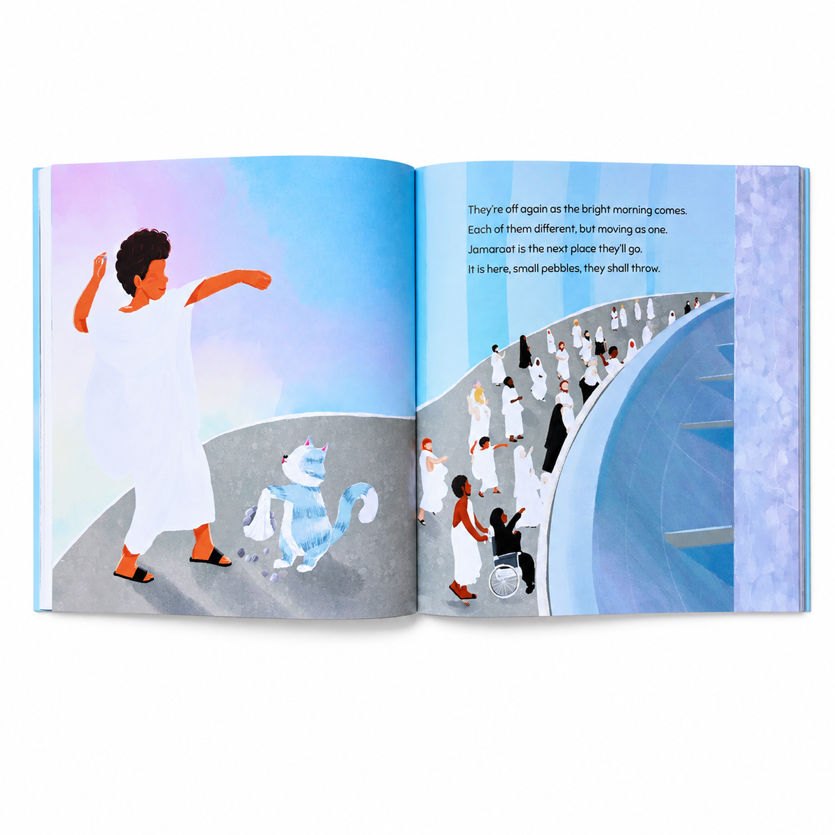 Inside pages of A Cat Like Me showing pilgrims at Jamarat during Hajj
