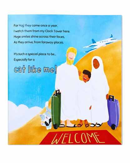 Inside page of A Cat Like Me showing a Muslim family arriving for Hajj with luggage