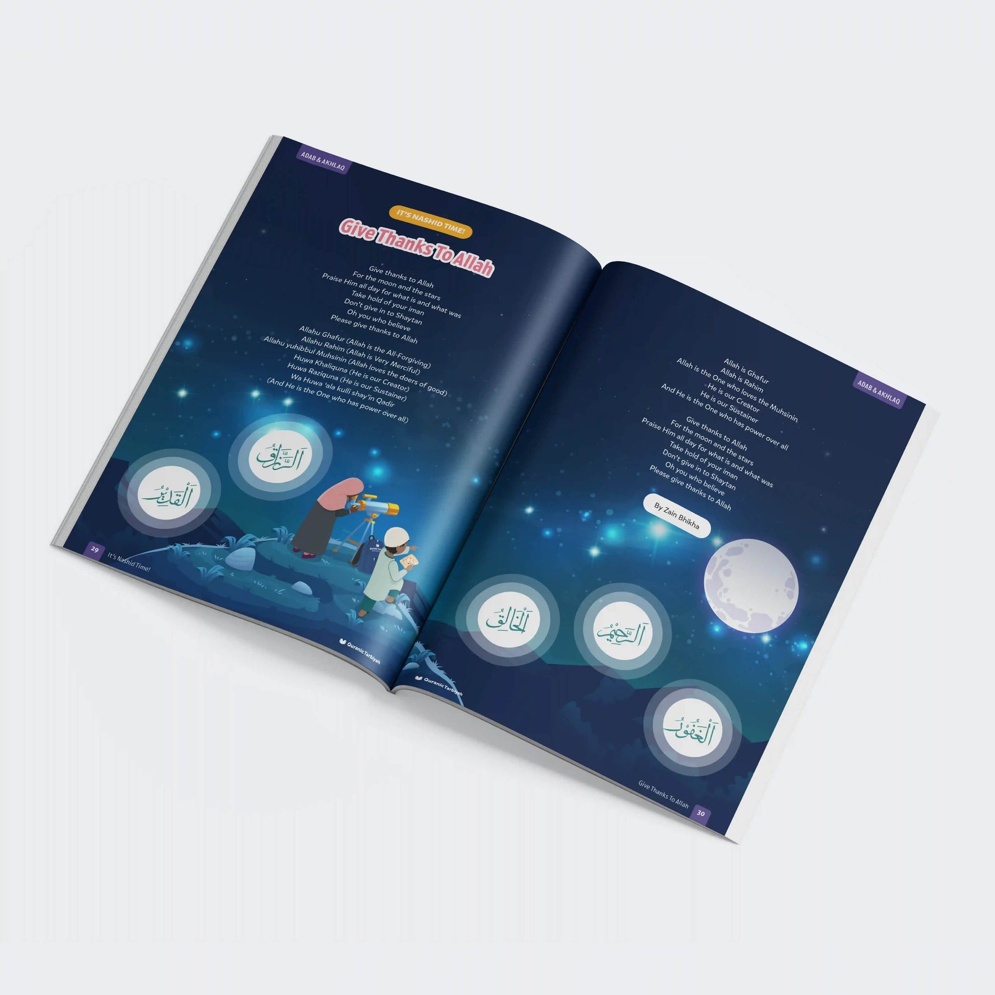Open book with a blue theme featuring illustrations and text on a white background
