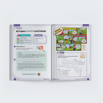 Open book with educational content on a white background