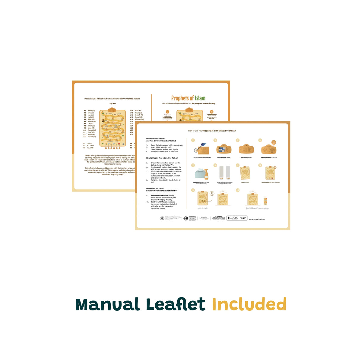 Two printed pages with text and graphics on a white background, accompanied by the text 'Manual Leaflet Included'.