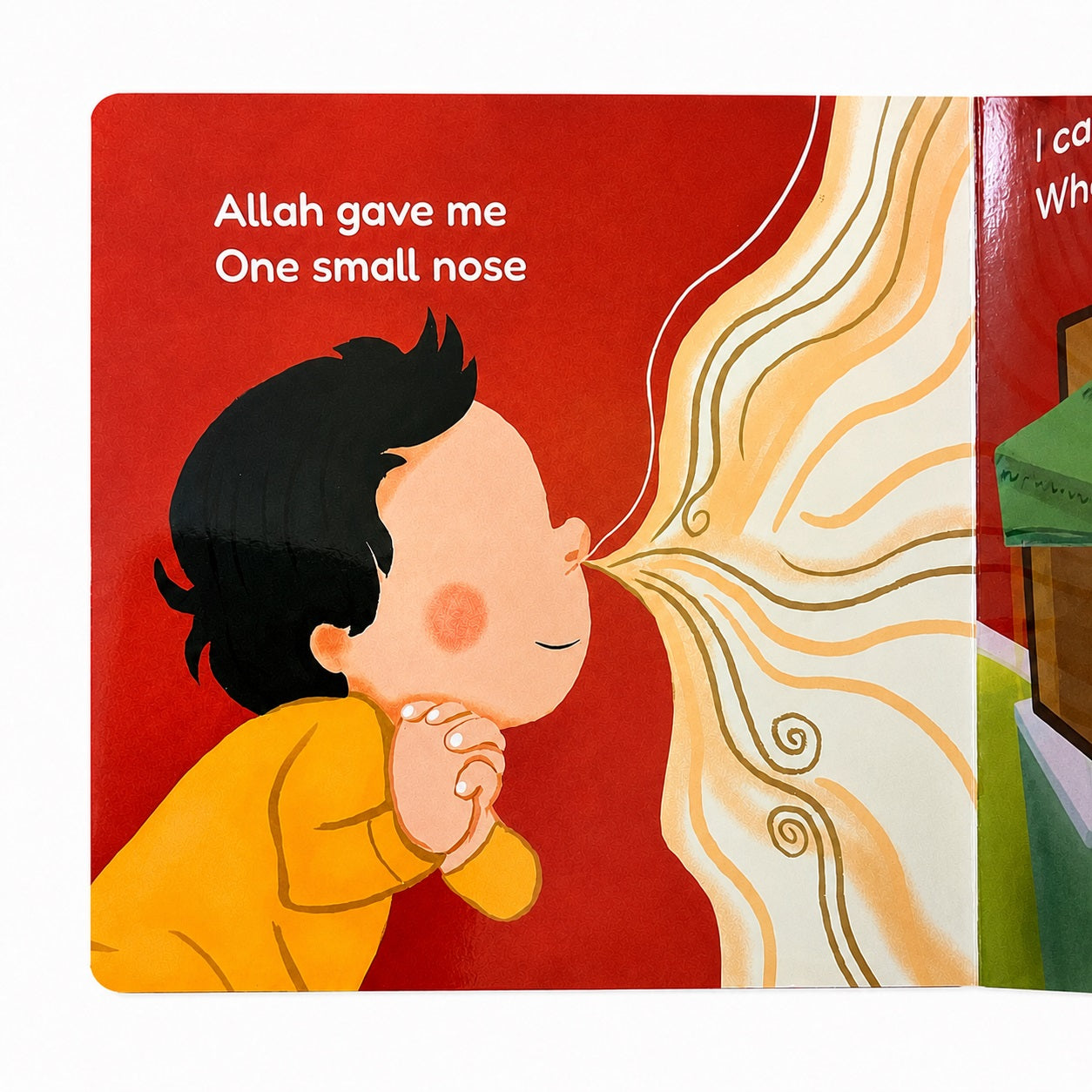 Inside page of Five Senses Five Blessings board book showing a child learning about the nose as Allah’s gift