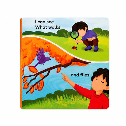 Inside page of Five Senses Five Blessings board book showing children learning what walks and flies