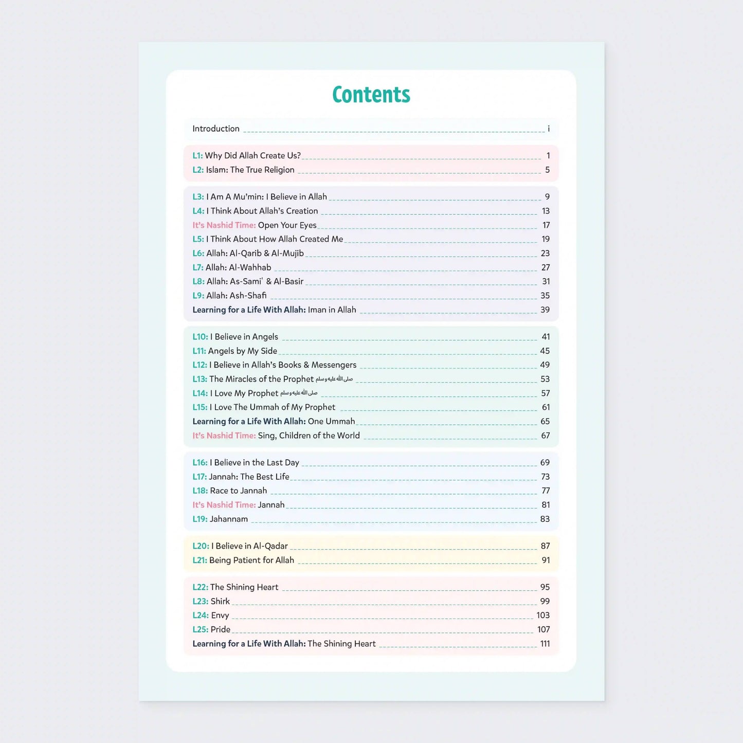 Table of contents for a book or document on a light purple background