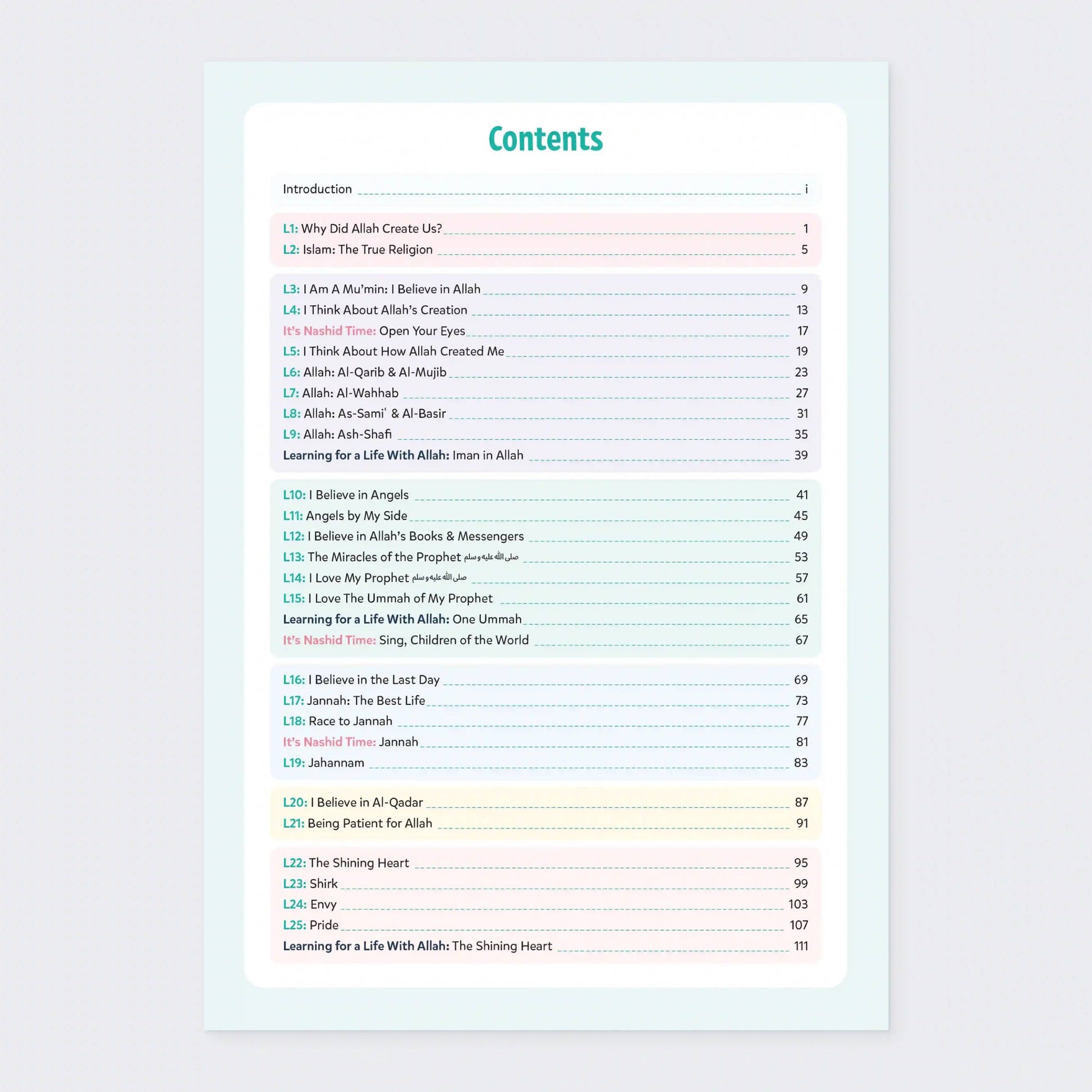 Table of contents for a book or document on a light purple background