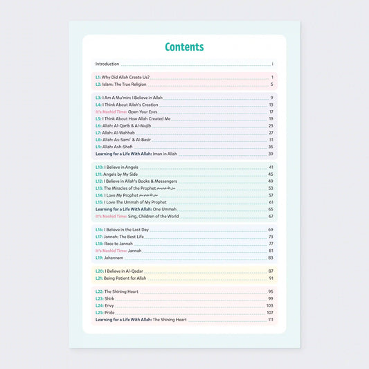 Table of contents for a book or document on a light purple background