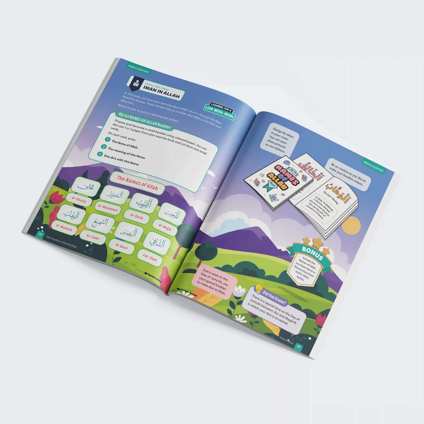 Open book with educational content on a white background