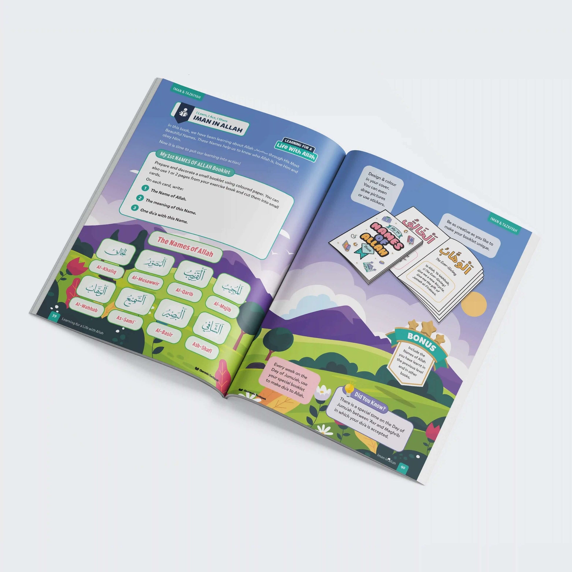 Open book with educational content on a white background
