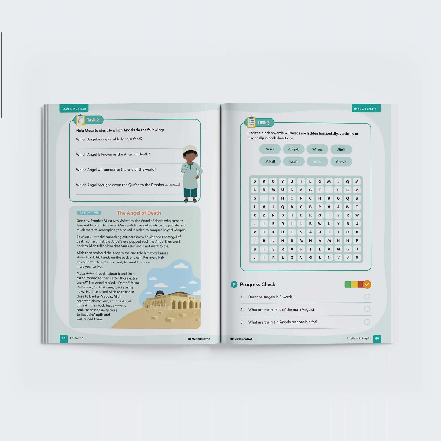 Educational book open to a page with text and graphics on a white background