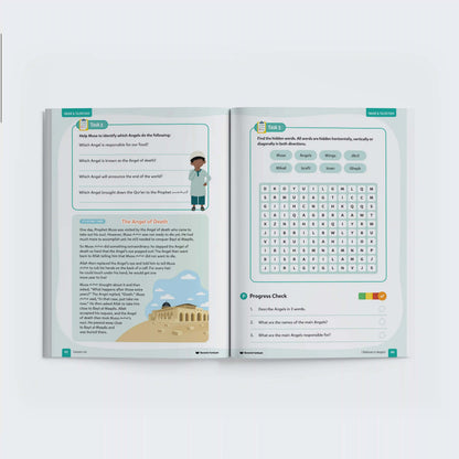 Educational book open to a page with text and graphics on a white background