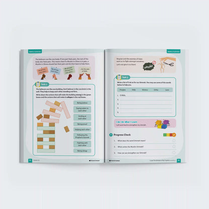 Open book with educational content on a white background